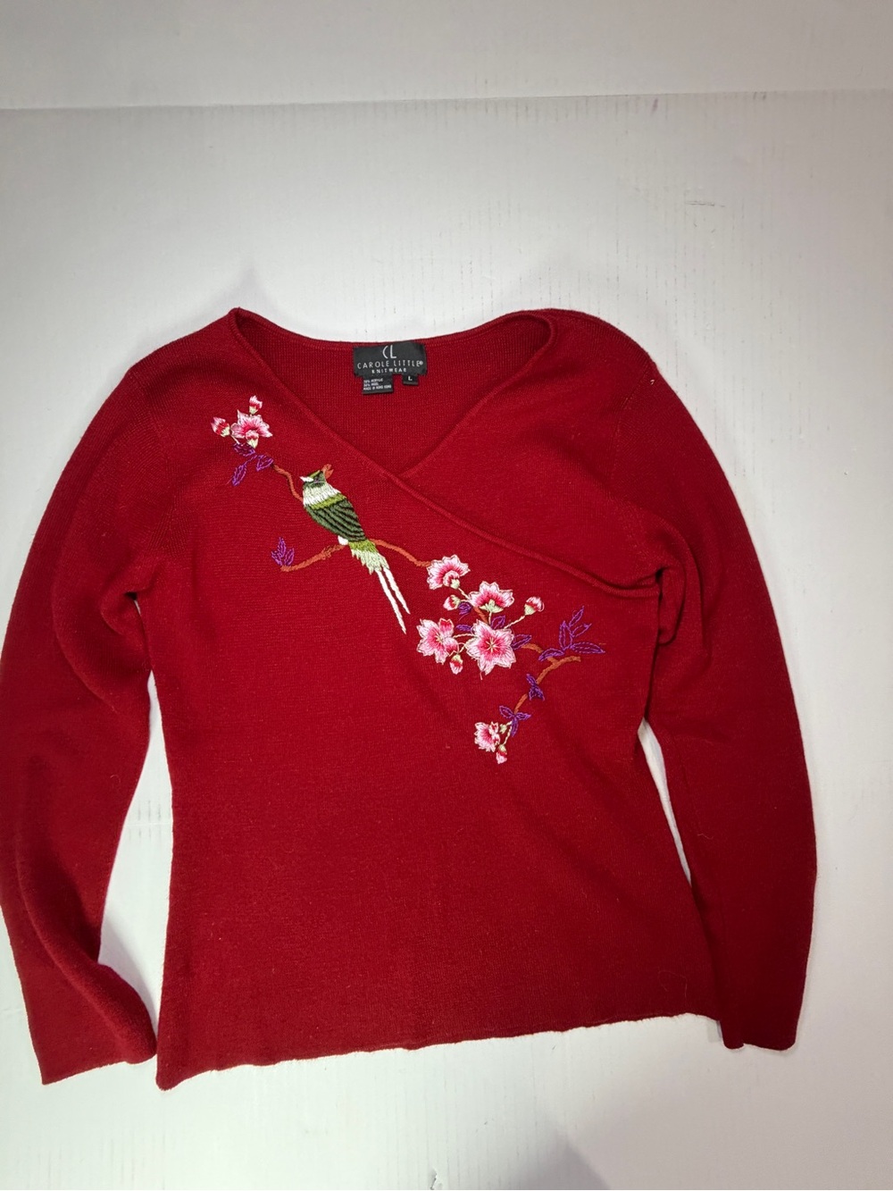 Carole Little Red V‑Neck Sweater with Bird & Floral Embroidery acrylic wool blnd